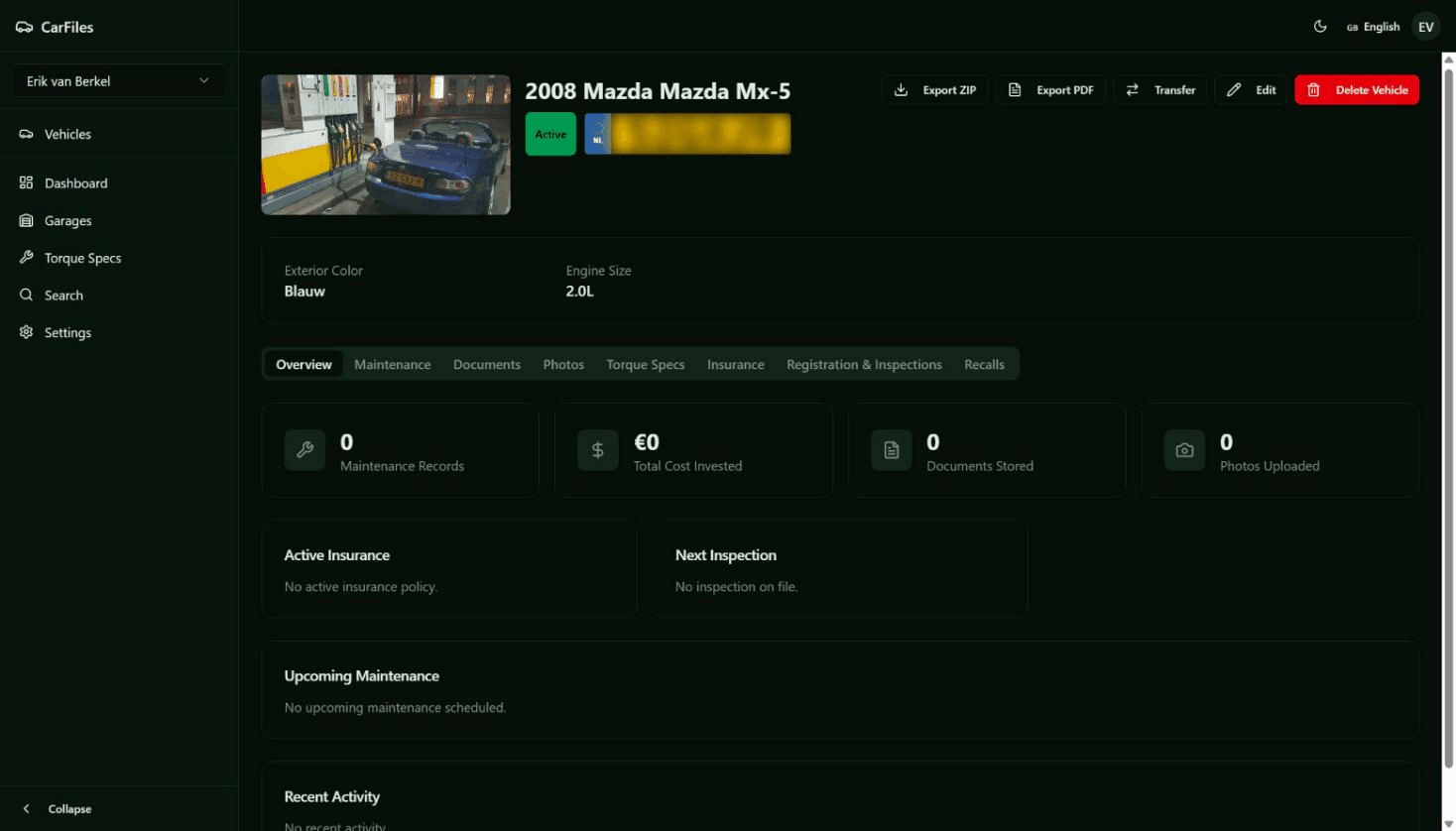 CarFiles vehicle management dashboard showing vehicle details, maintenance tracking and document storage